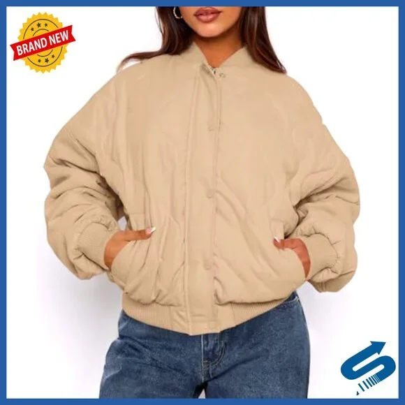 Quilted Bomber Jacket Lightweight Cropped Puffer Zip Up Pockets
